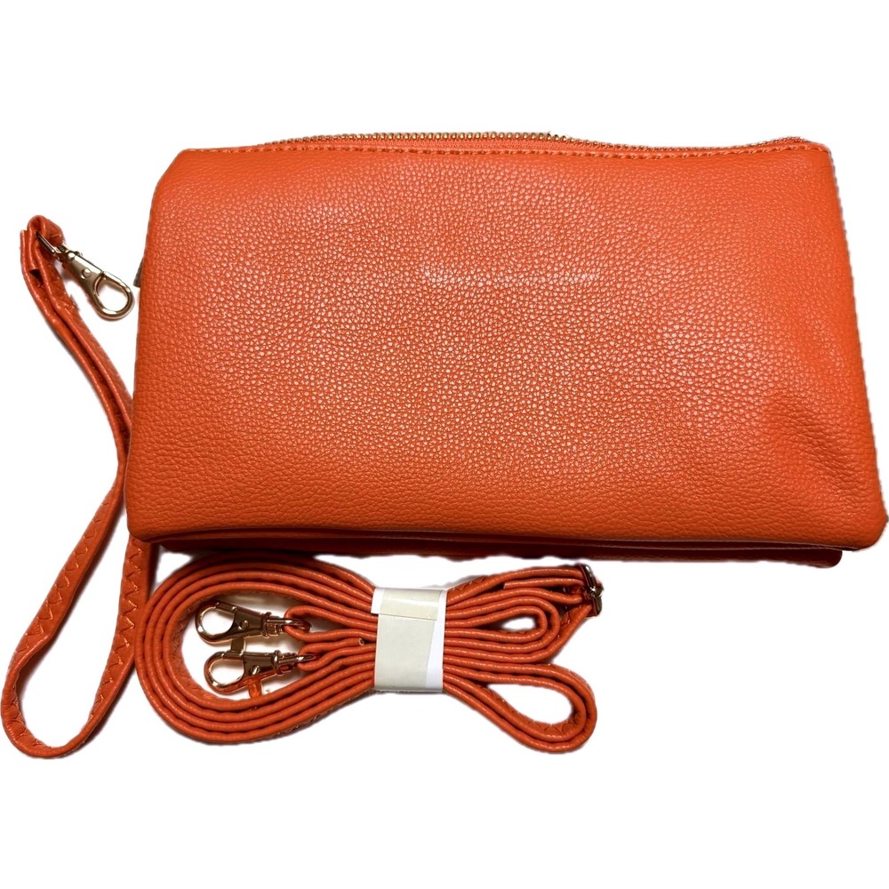 Brentano Orange Pebbled Faux Leather Triple Zip Crossbody Wristlet Bag
